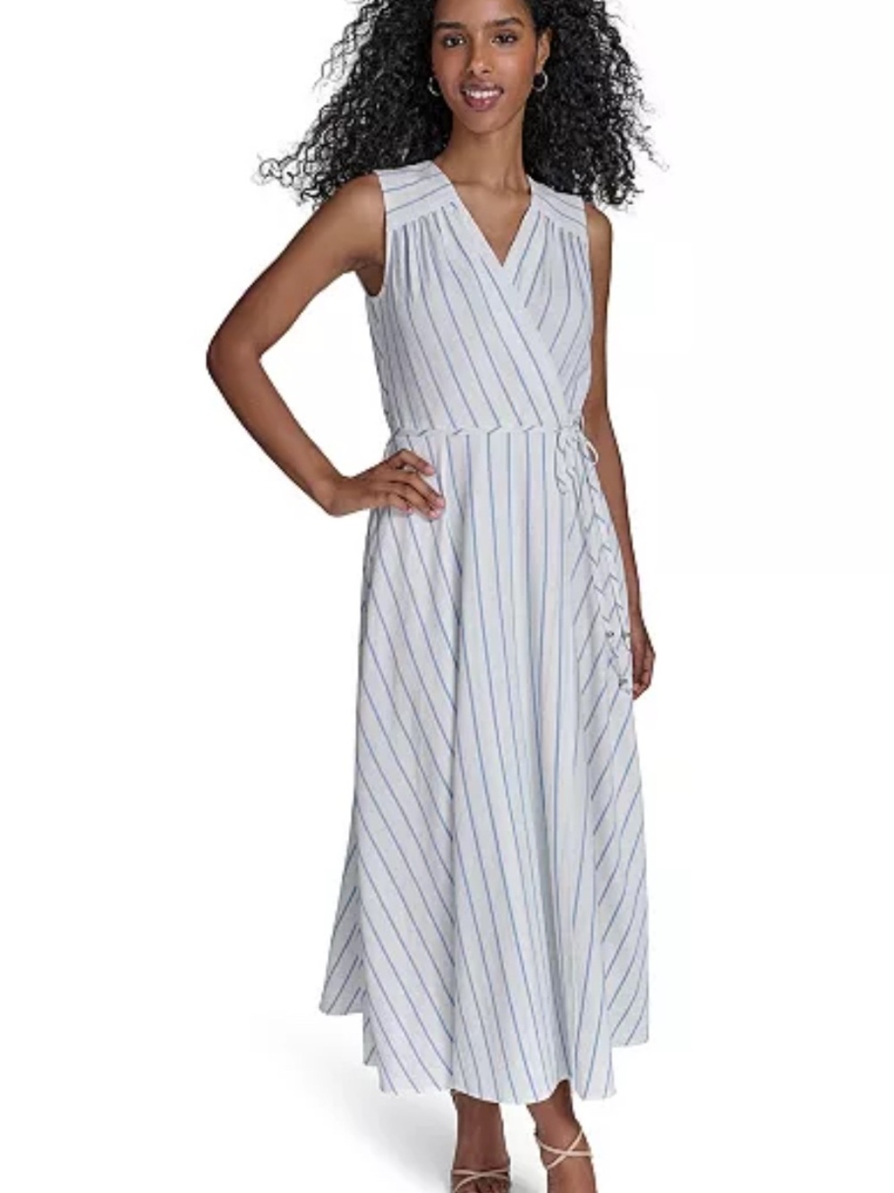 Sleeveless White Stripe Wrap Maxi Dress